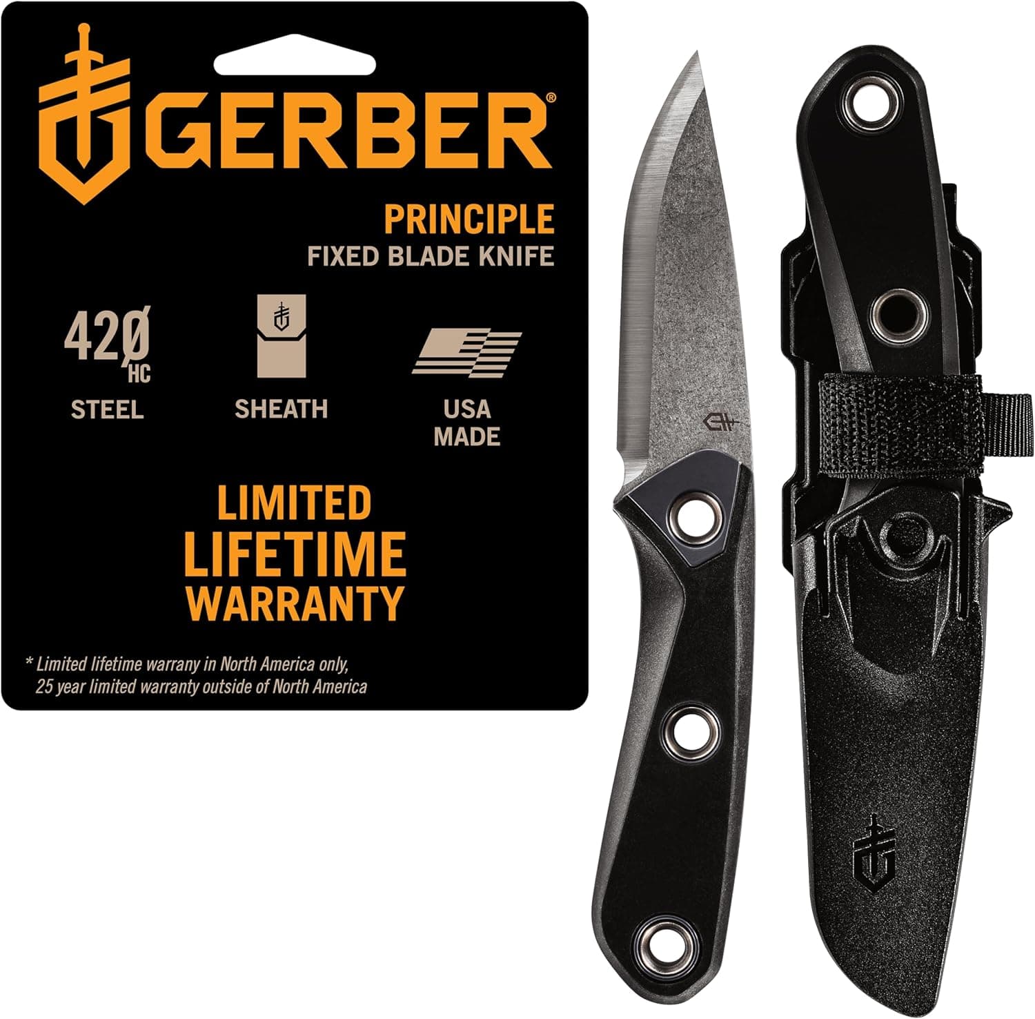 Principio de Gerber Gear - Cuchillo de supervivencia de hoja fija para caza, camping y más - Cuenta con lomo cortafuegos y funda de montaje triple - Fabricado en EE. UU. - Negro