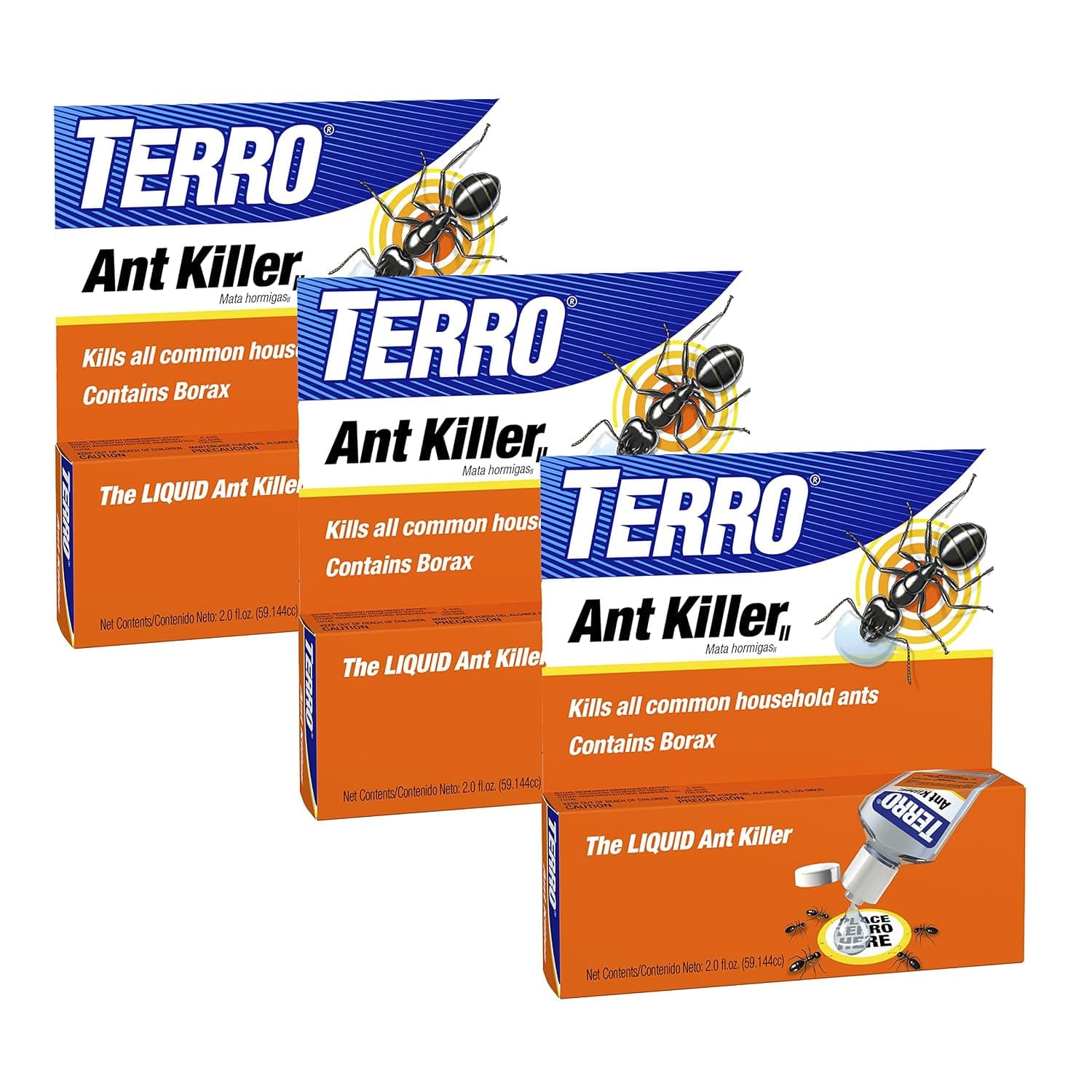 TERRO Liquid Ant Killer Paquete de 3 cebos para hormigas de interior con bórax - Mata hormigas domésticas comunes, incluidas hormigas fantasma, azucareras y negras - Control de plagas de acción rápida, T200-3SR