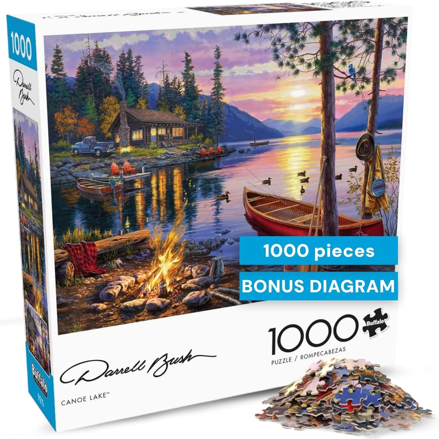 Buffalo Games Darrell Bush Canoe Lake Jigsaw Puzzle, 1000 piezas, para adultos | Póster de referencia de tamaño completo, escena de puesta de sol en la cabina de Darrell Bush, materiales reciclados, rompecabezas de 1000 piezas