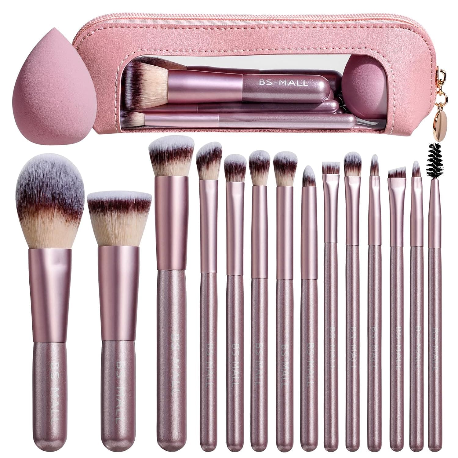 Juego de 14 brochas de maquillaje BS-MALL con 1 esponja de maquillaje – Correctores de polvo de base esenciales, sombras de ojos, brochas de maquillaje con estuche de maquillaje de viaje (rosa dorado mate)