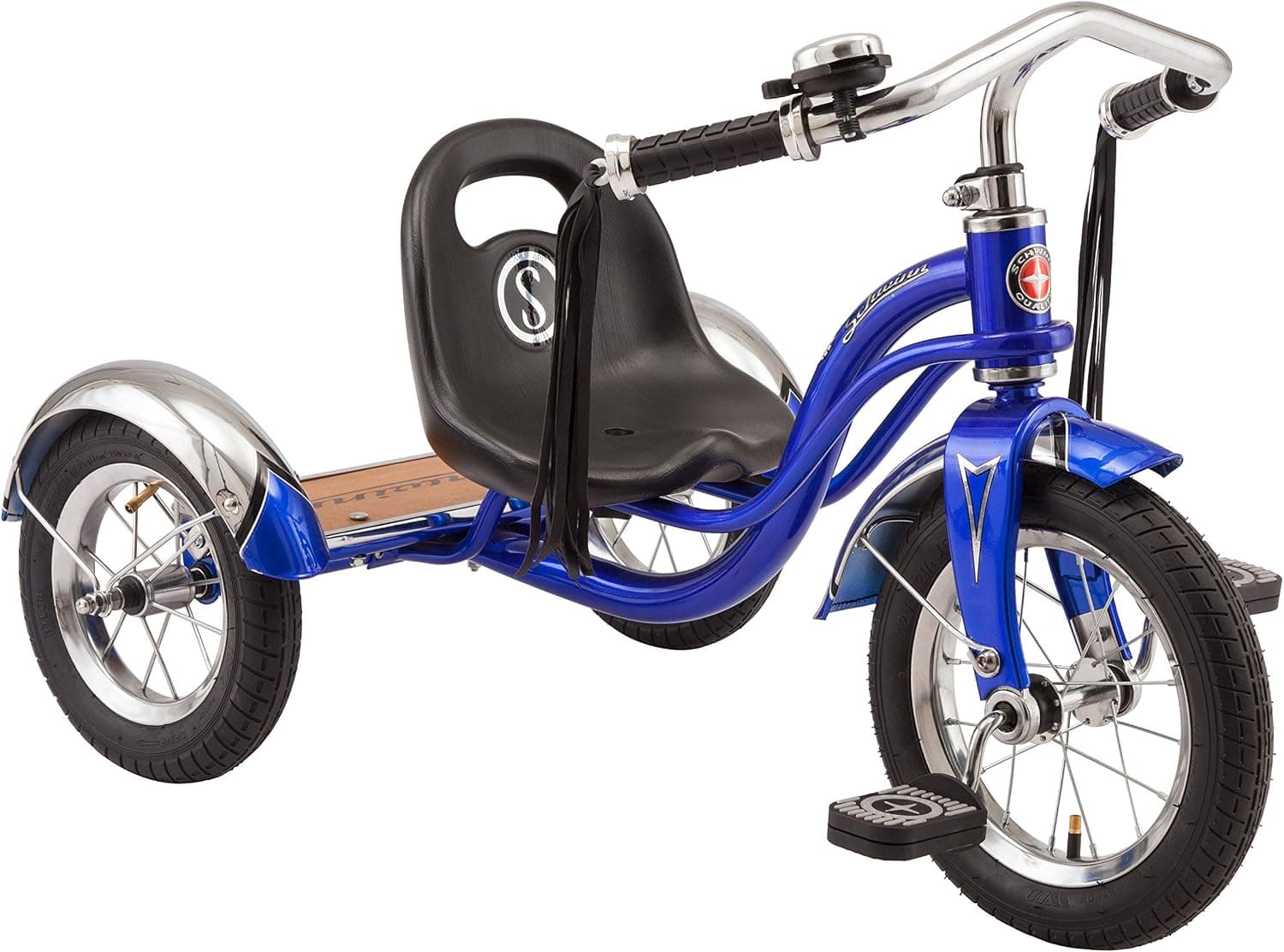 Triciclo Schwinn Roadster, bicicleta con rueda delantera de 12 pulgadas para niños de 2 a 4 años, centro de gravedad bajo, marco de acero retro, asiento ajustable que crece con su hijo, plataforma trasera, triciclo para niños pequeños