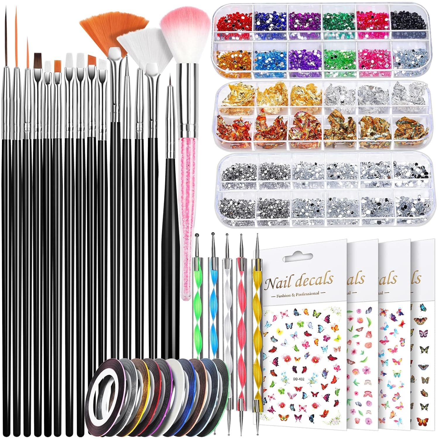 Kit de decoración de uñas para adolescentes, kit de diseño de uñas, herramientas de decoración de uñas con juego de pinceles para decoración de uñas, herramientas de punteado de uñas, diamantes de imitación para uñas, pegatinas para uñas, cintas para decoración de uñas, láminas para decoración de uñas