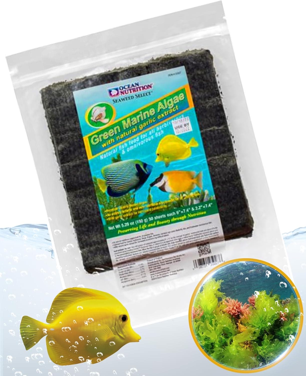 Ocean Nutrition Seaweed Select Algas marinas verdes - Alimento nutritivo para peces marinos herbívoros, peces vivos e invertebrados - Hojas de algas naturales con extracto de ajo - 50 hojas, 5,29 oz (150 g)