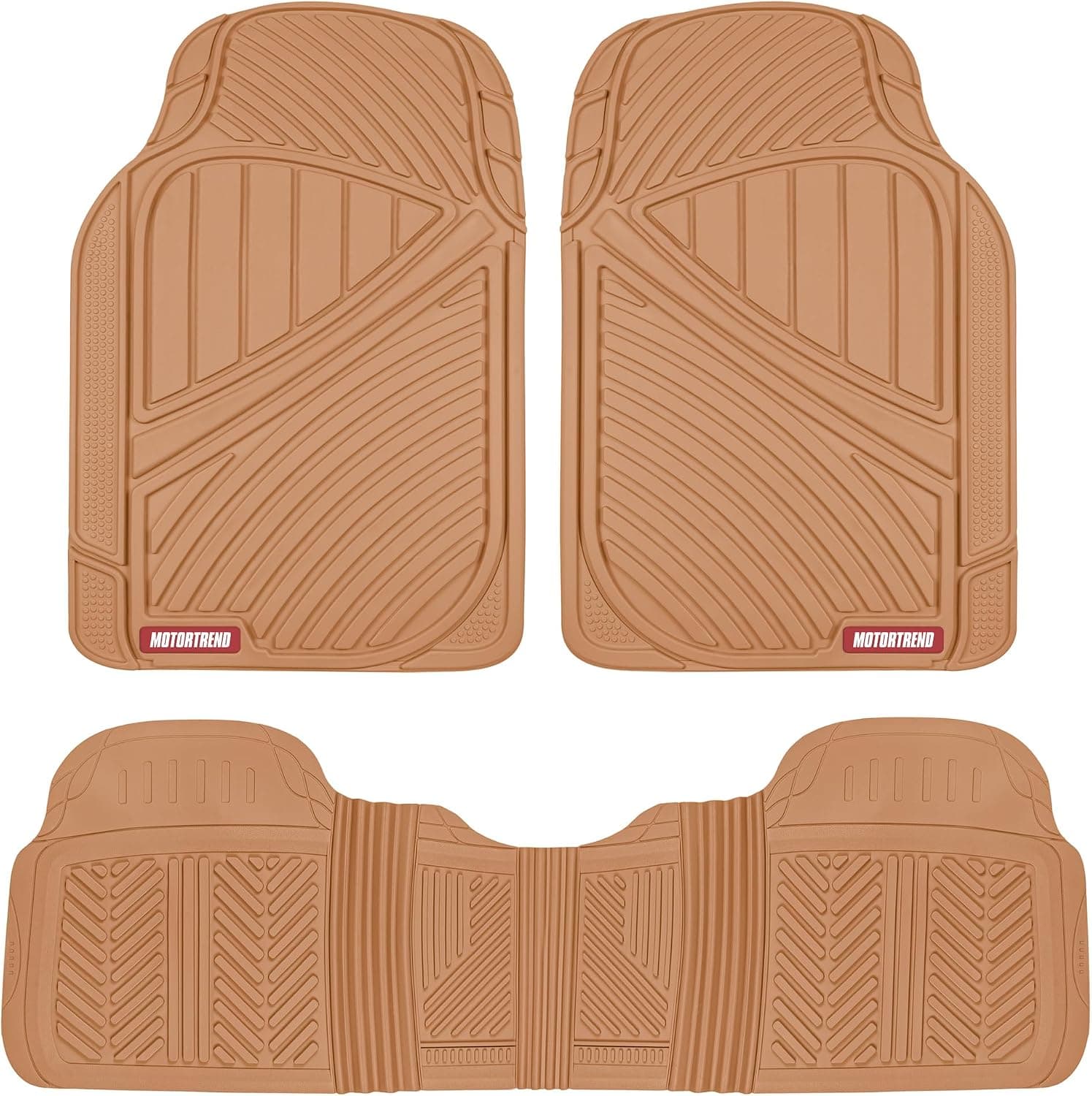 Motor Trend FlexTough Performance Alfombrillas de goma para el piso del auto para todo tipo de clima, 3 piezas Alfombrillas para el piso Revestimientos automotrices para autos, camiones, SUV, resistentes al agua (Beige)