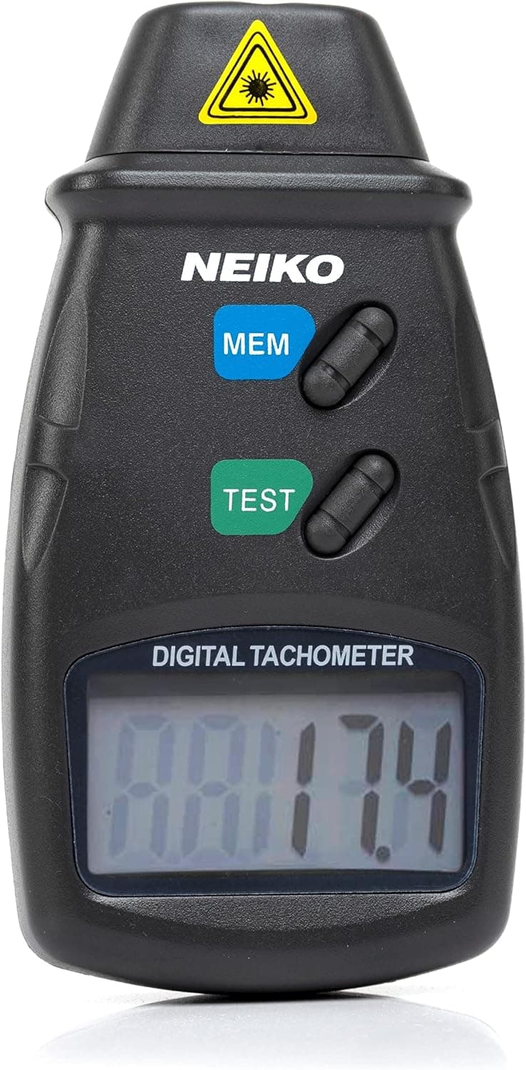NEIKO 20713A Tacómetro digital, fotosensor láser sin contacto con precisión de 2,5 a 99.999 RPM, marcador de calibre de RPM con pilas incluidas