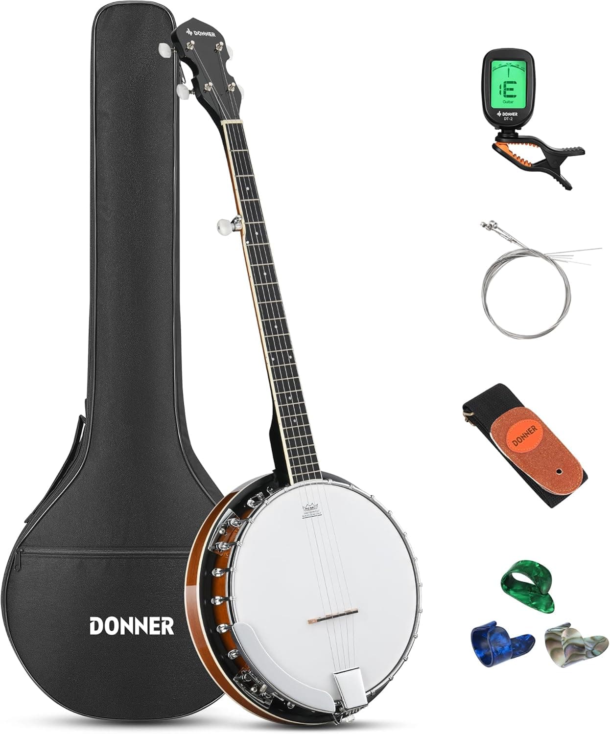 Donner Banjo Guitarra Tenor Banjolele de 5 cuerdas de tamaño completo con kit de banjo, bolsa de concierto, instrumentos musicales de cuerda para principiantes adultos, DBJ-200