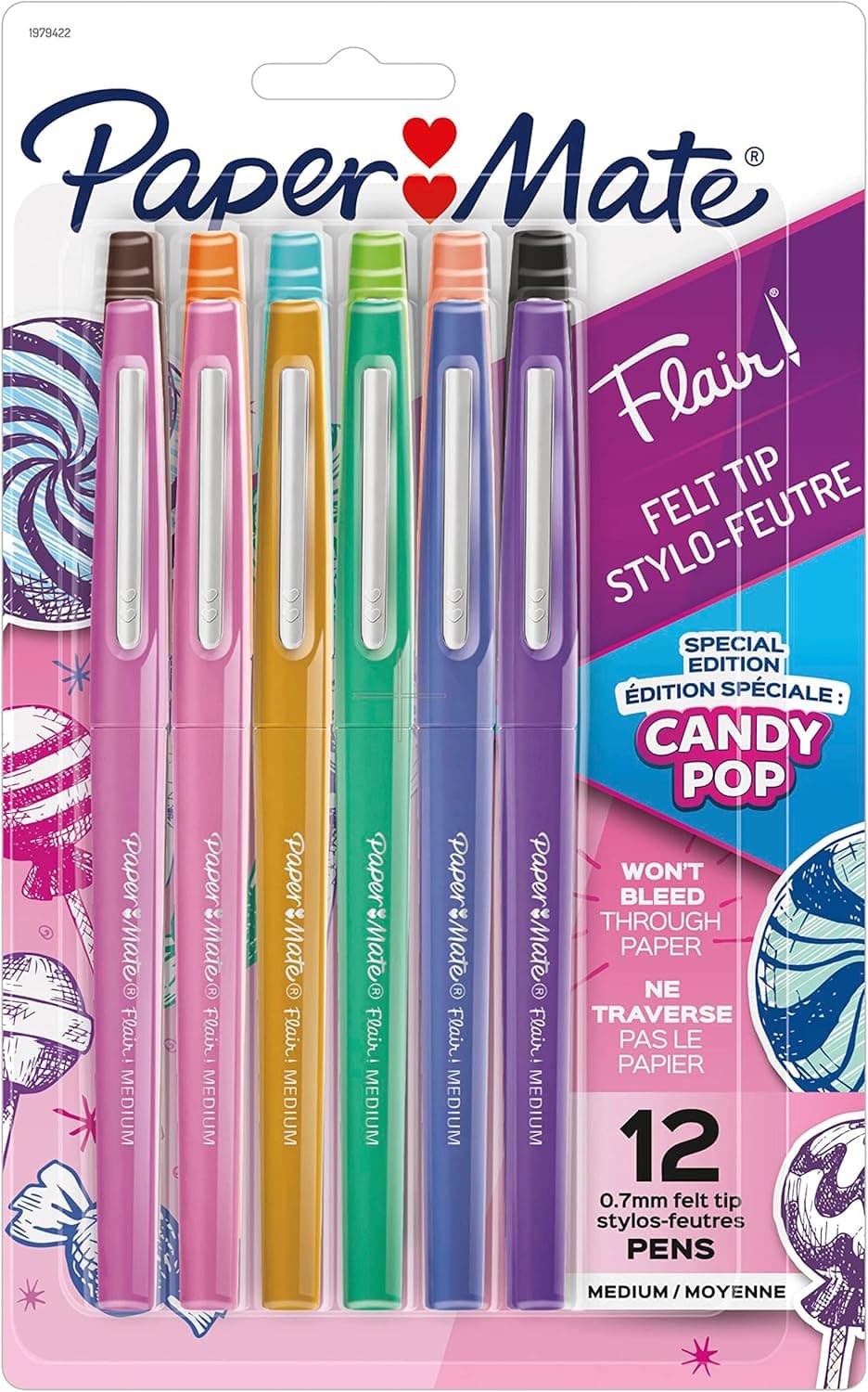 Rotuladores Paper Mate Flair, punta media (0,7 mm), edición limitada Candy Pop, colores surtidos, 12 unidades - Diversión creativa, regalo para profesores, artes y manualidades