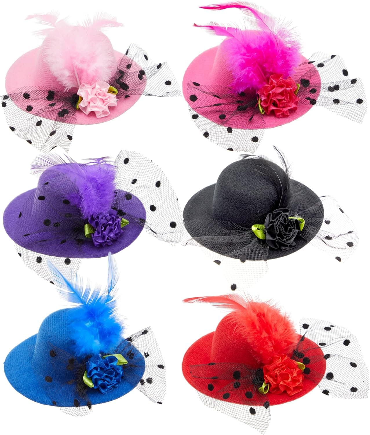 Juvale Mini sombreros de fiesta de té – Tocados con clip para mujeres y niñas – Acentos de plumas y flores para decoraciones de fiesta de té – Paquete de 6, 4 pulgadas, multicolor