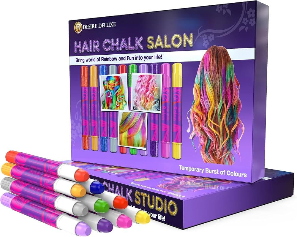 Desire Deluxe Girls Gifts Tiza para el cabello – 10 bolígrafos de colores temporales lavables para niños, adolescentes, maquillaje y disfraces, juego de estilos coloridos, juguete para Navidad, cumpleaños, accesorios de Halloween, actividades de fiesta