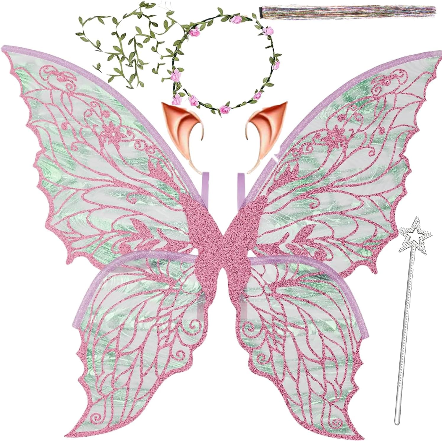 Alas de Hada para Adultos, Juego de Disfraz de Hada con Guirnalda Floral, Oropel para el Cabello de Hada, Varita y Orejas de Elfo - Alas de Mariposa de Organza de 31.5"x21.6" - Ideal para Cosplay, Fiesta, Rosa