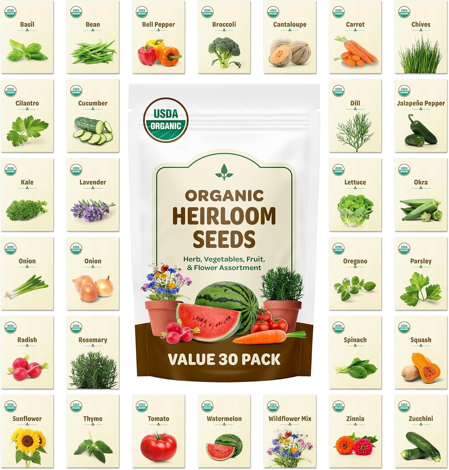 Back to the Roots 100% Heirloom Rescued Seeds, Variety Pack, 30ct of Organic Veggies, Herbs & Flowers to Prevent Waste (Assortment Varies)