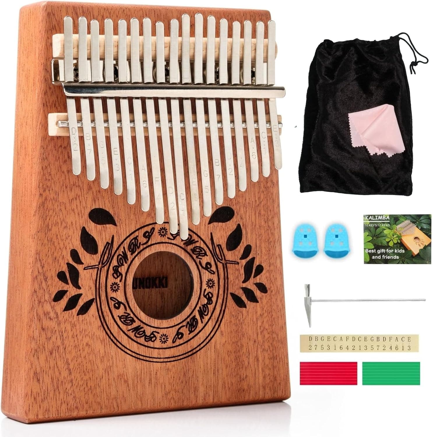 UNOKKI Piano de pulgar Kalimba de 17 teclas - Instrumento Mbira de percusión de caoba portátil - Juego de afinación para principiantes, instrumentos musicales para regalo - Marrón claro