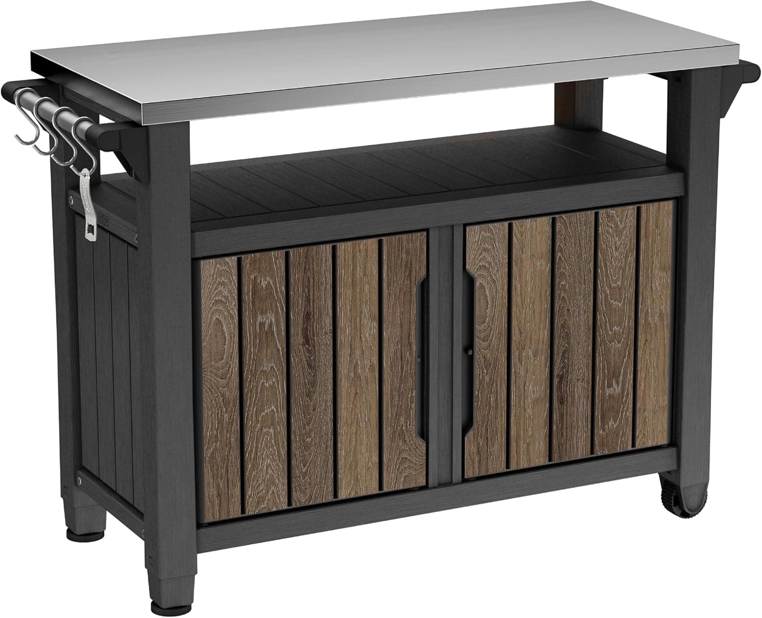 Carrito de entretenimiento para exteriores Keter Unity XL con acabado con apariencia de madera, gabinete de almacenamiento para patio de 78 galones, estación de preparación de alimentos, tapa de acero inoxidable para barbacoa, parrilla, patio, terraza y patio trasero, nogal