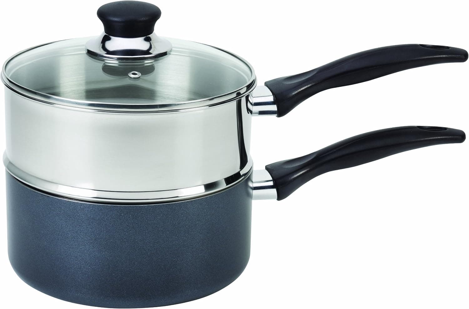 T-fal Specialty - Caldera doble antiadherente, 3 cuartos de galón, apto para horno, 350 F, utensilios de cocina, ollas y sartenes, apto para lavavajillas, plateado/negro
