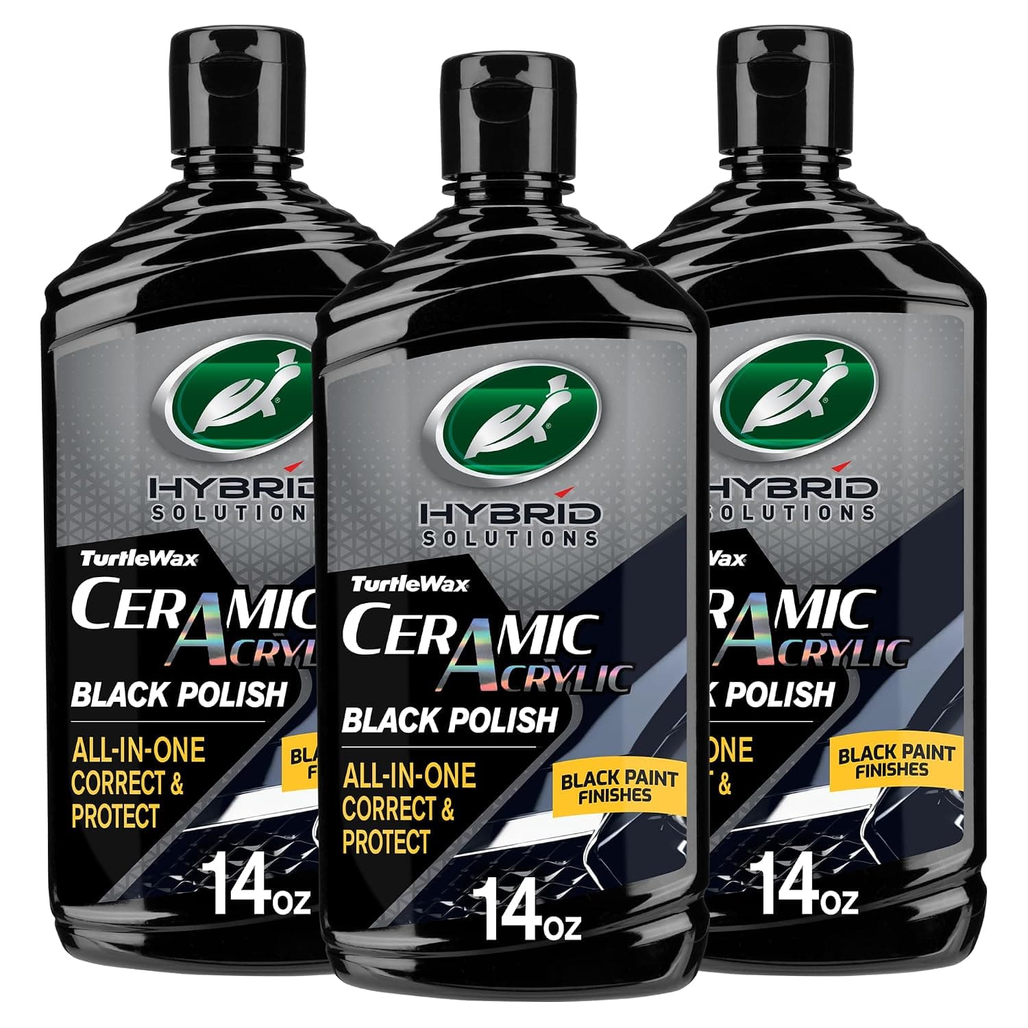 Turtle Wax Hybrid Solutions Ceramic Black Car Polish & Wax, 14 oz. (3 Pack) | Black Car Paint Restorer & Light Car Scratch Remover, High Gloss Car Wax, Ceramic Coating Protection & Water Beading