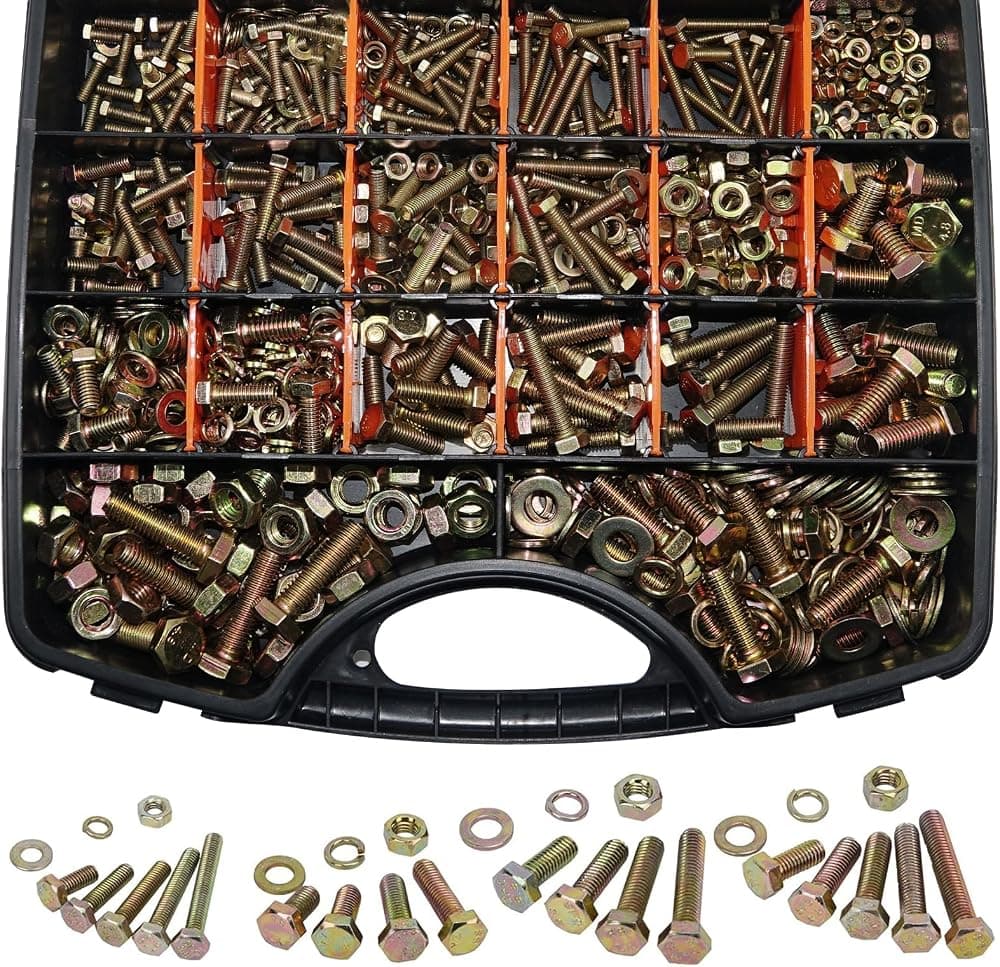 Kit surtido de pernos métricos de grado 8,8, 1020 piezas, pernos y tuercas hexagonales de alta resistencia M4 M5 M6 M8 con arandelas, chapado en zinc amarillo (12-30 mm), herrajes para automóviles/muebles, sujetadores métricos surtidos para bricolaje y reparación