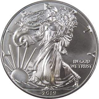Moneda de 1 dólar en lingotes sin circular American Silver Eagle de 2019 | Moneda coleccionable: Dólar Águila Americano, 2019, Plata, Sin Circular
