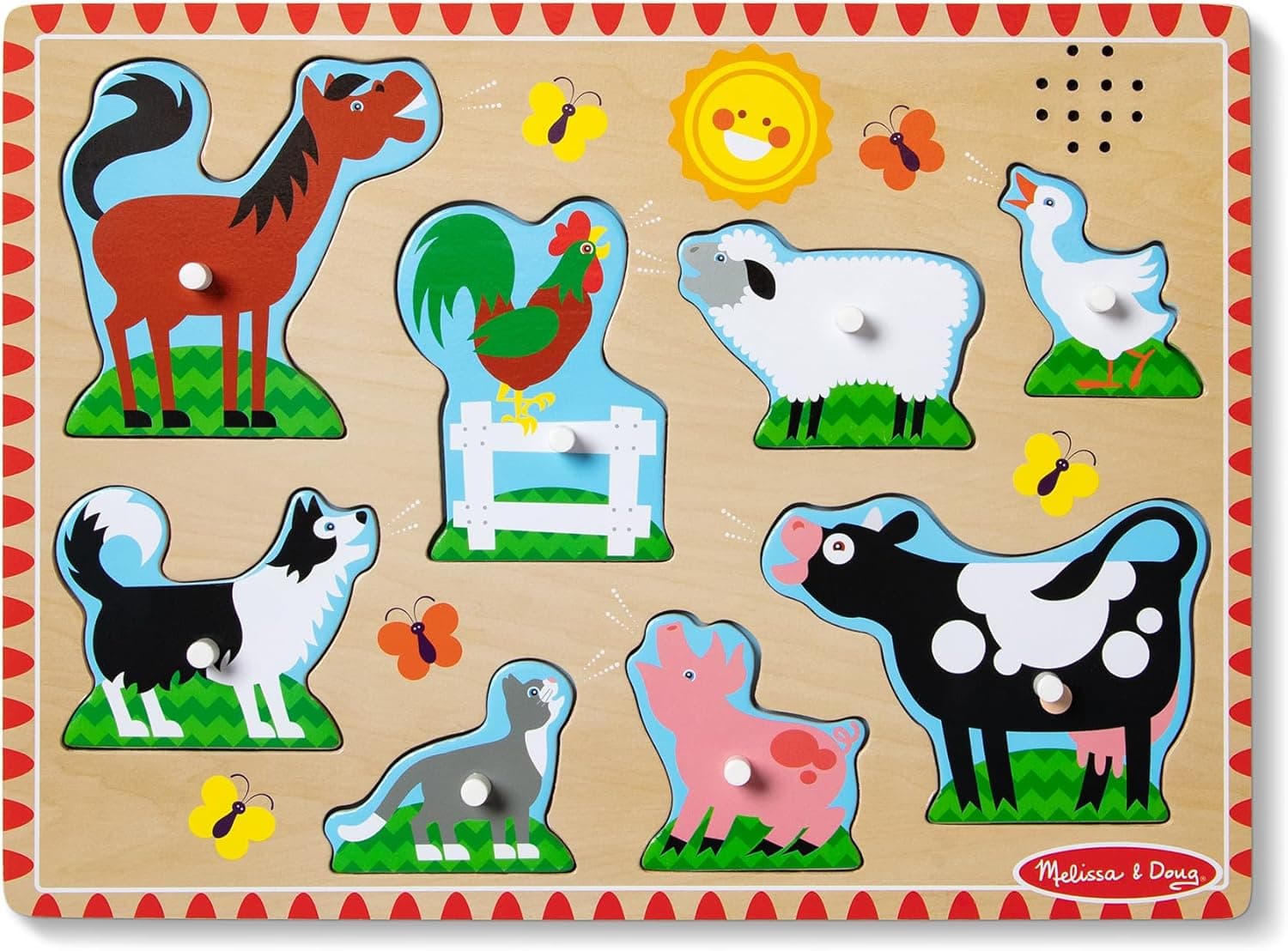 Melissa & Doug Rompecabezas de sonidos de animales de granja: rompecabezas de clavijas de madera de 8 piezas con sonidos activados por luz, juguete de aprendizaje musical para niños pequeños y preescolares a partir de 2 años