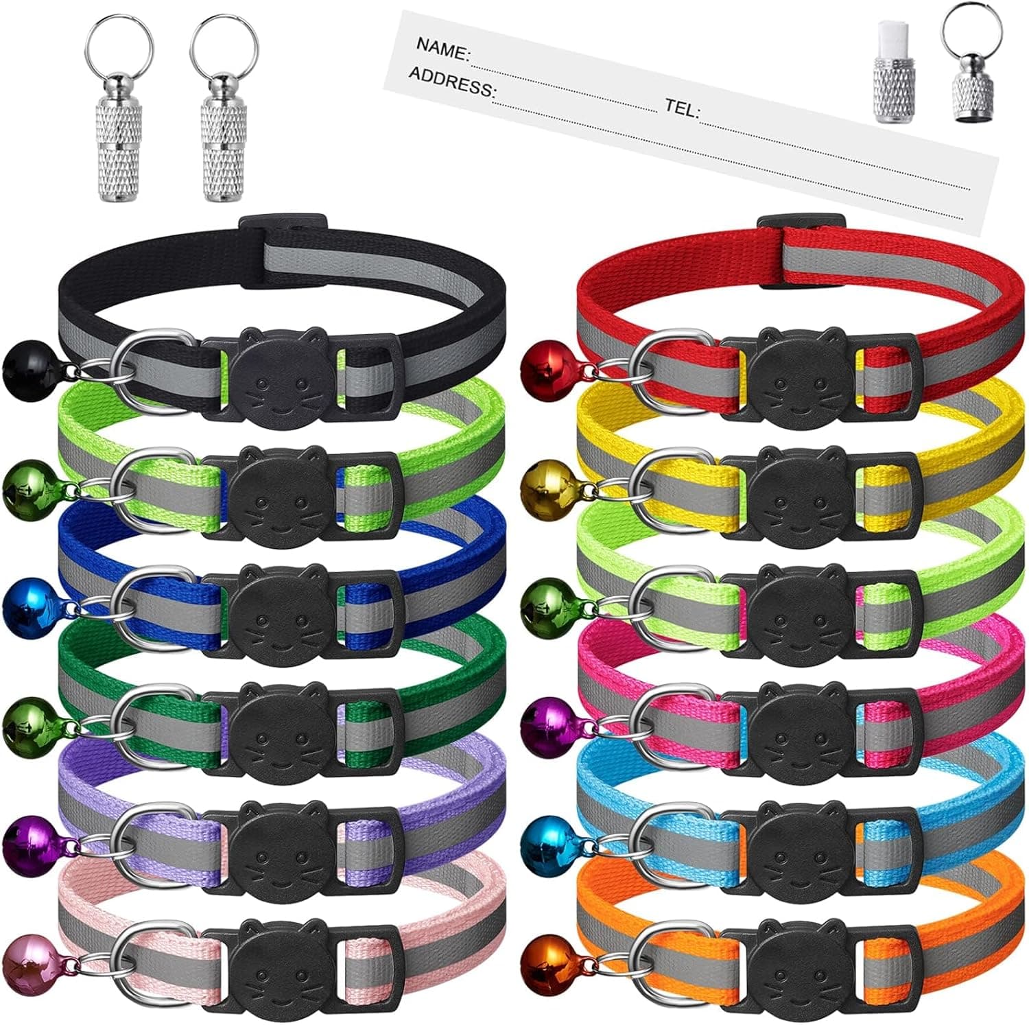 Paquete de 12 collares reflectantes para gatos con campanas, collar para gatitos con hebilla de seguridad, con etiqueta para nombre, ajustable, ideal para niñas, gatos, gatos machos, suministros para mascotas, cosas, accesorios (12 colores y 2 etiquetas de identificación)
