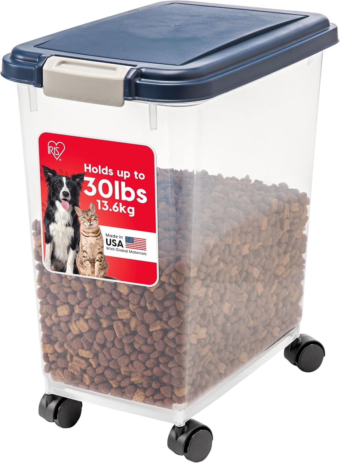 Contenedor de almacenamiento de comida para perros IRIS USA, hasta 30 libras, azul marino, fabricado en EE. UU. | Ruedas para movilidad, sello hermético, sin BPA, lo mejor para semillas para pájaros, comida para gatos, arena para gatos, alimento para pollos, pellets