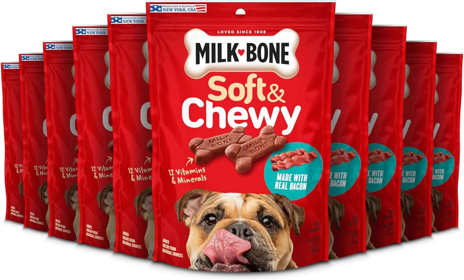 Milk-Bone Soft & Chewy Dog Treats, Made with Real Bacon, 10 Pouches | 5.6-oz. pouches, tender dog treats, easy to chew, for dogs of all ages and sizes
