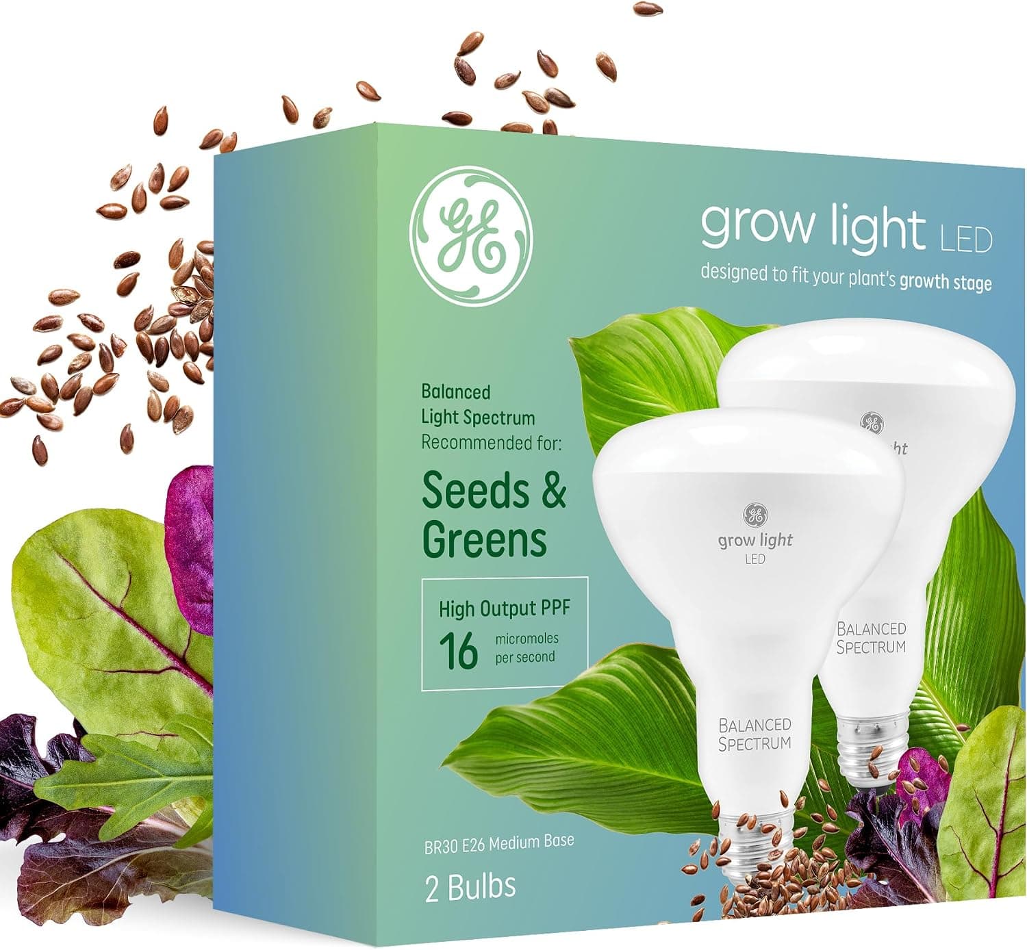 GE Grow Lights para plantas de interior, reflector de interior BR30, bombillas LED para semillas y verdes con espectro equilibrado, 25.000 horas de vida útil, 16 PPF, paquete de 2 (el embalaje puede variar)