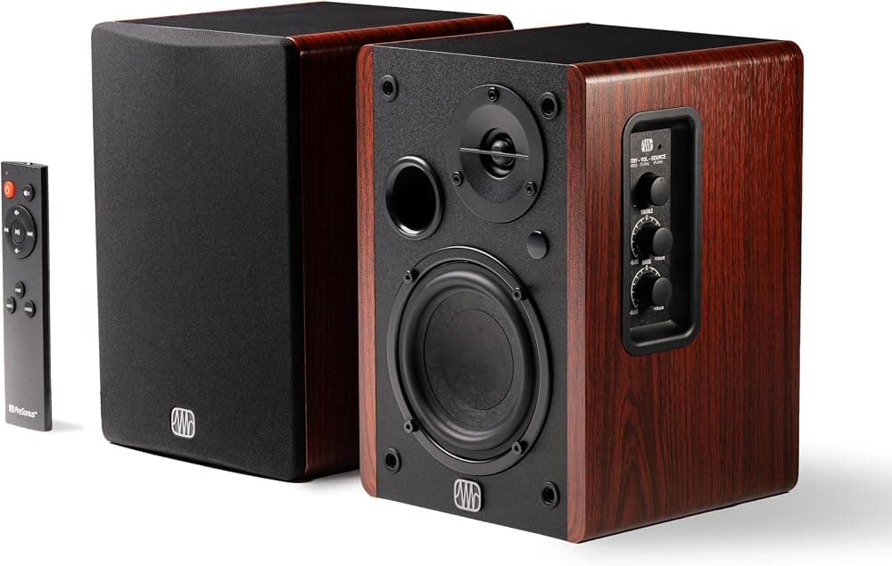 PreSonus Eris Accent Altavoces de estantería autoamplificados – Altavoces estéreo con cable de 50 W para tocadiscos, tocadiscos, escritorio y hogar, entradas múltiples, woofer de 4 pulgadas, monitores de estudio, tweeter, control remoto, salida secundaria, veta de madera