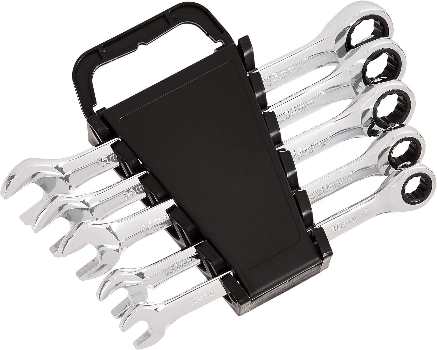 Amazon Basics Juego de llaves de trinquete métricas, 5 piezas, acero al cromo vanadio, 72 dientes, 10 mm, 11 mm, 13 mm, 14 mm, 15 mm, negro/plateado