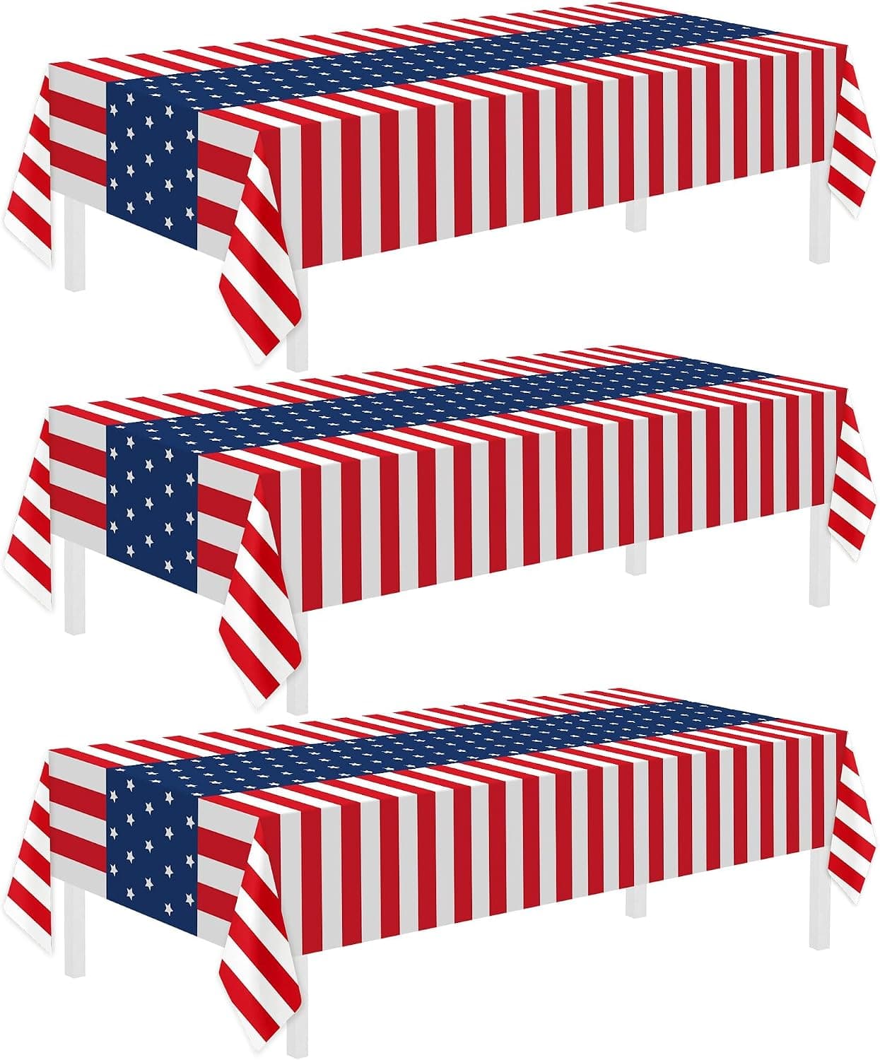 Paquete de 3 manteles patrióticos, mantel con bandera americana, decoraciones patrióticas | Manteles de plástico desechables de 53.9 x 109.4 in, mantel rojo, blanco y azul, decoraciones de fiesta para el Memorial del Día de los Veteranos del 4 de julio