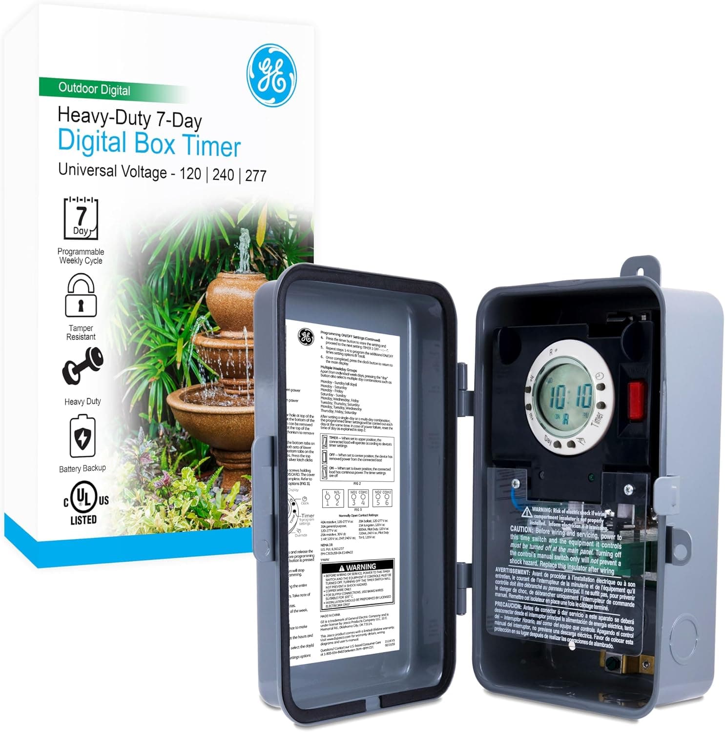 Interruptor temporizador digital para piscina GE, capacidad de carga 2HP 4A, caja de metal | Carcasa metálica duradera, temporizador programable de 7 días, resistente a manipulaciones, resistente a la intemperie, ideal para bombas de piscina y calentadores de agua