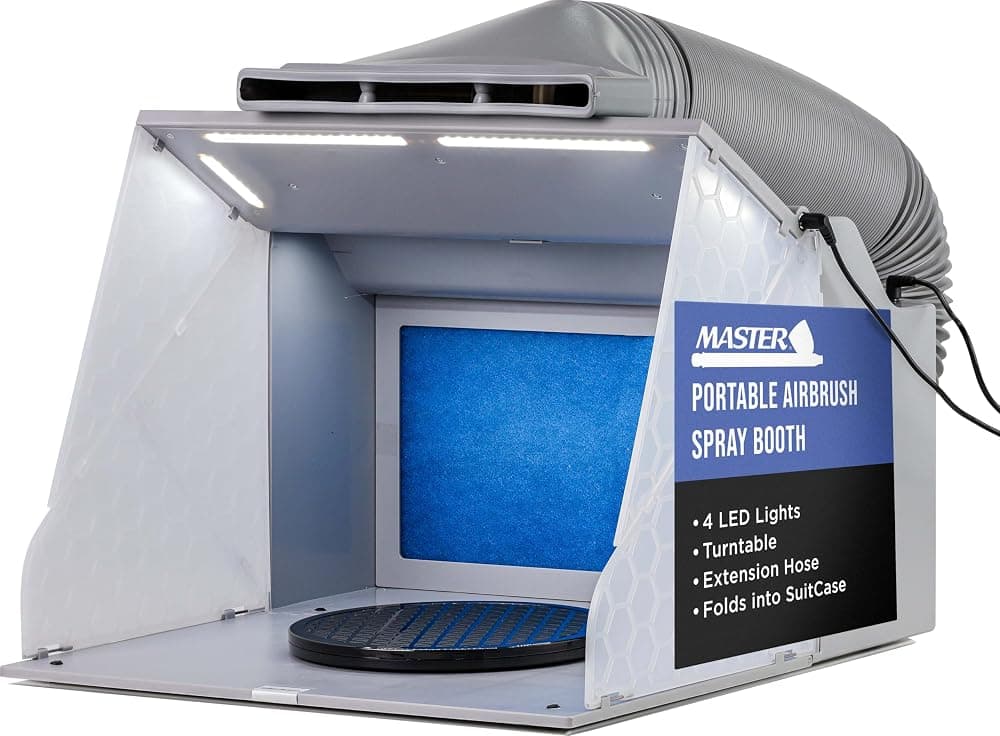 Master Airbrush Kit de cabina de pulverización de aerógrafo portátil con ventiladores de escape dobles | Luces LED, plato giratorio y manguera de extensión, cabina de aerógrafo Hobby de 16x18x13 pulgadas para pintura, modelos, artes, manualidades, pasteles