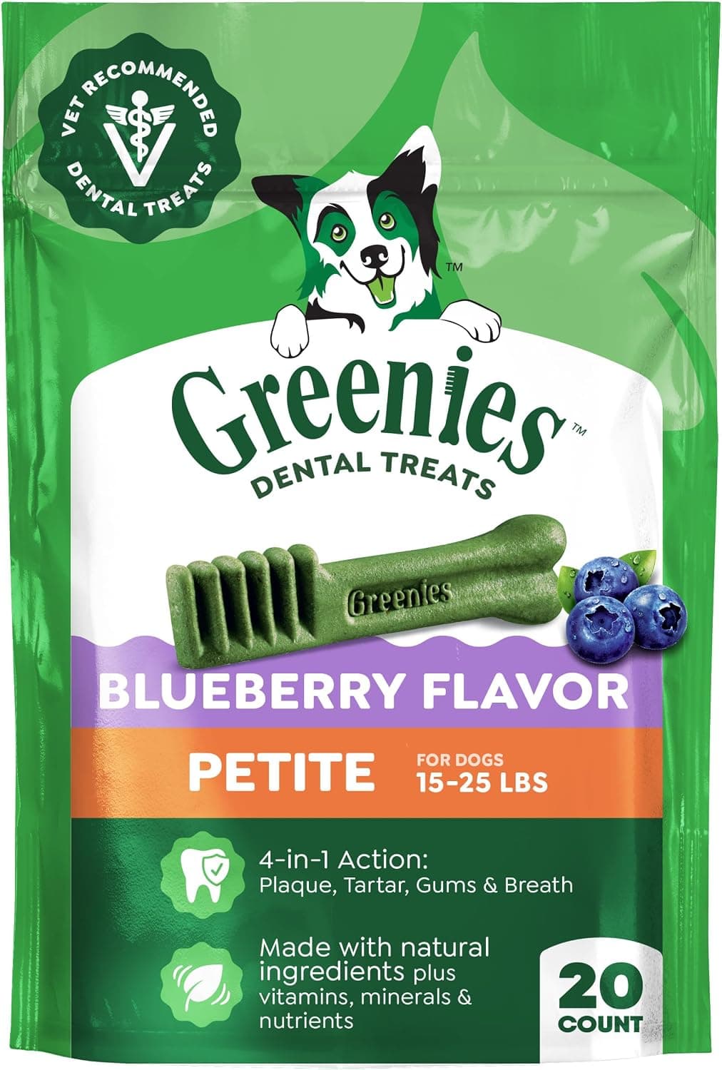 Greenies Petite Golosinas dentales naturales para perros, sabor a arándano, 20 unidades | Recomendado por veterinarios, para perros de 15 a 25 libras, promueve la salud bucal y el aliento fresco, clínicamente probado, sin rellenos, paquete de 12 oz