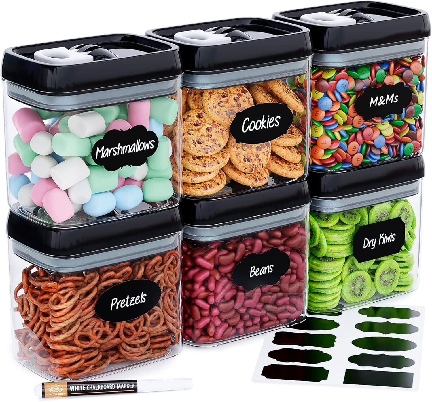 Chef's Path - Juego de cajas de almacenamiento herméticas - 10 etiquetas y marcadores - Almacenamiento de cocina y despensa - Sin BPA - Cajas de almacenamiento de plástico con tapas mejoradas (6 piezas - 1,5 L)