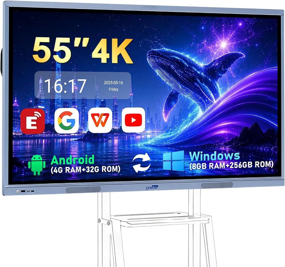 Pizarra Inteligente de 55", Pantalla de Pizarra Interactiva Digital de 8 + 256 GB Sistema Dual Windows10 y Android 11 Integrado con Pantalla Táctil 4K, Pizarra Electrónica para Aula Oficina Hogar (Solo Pizarra)