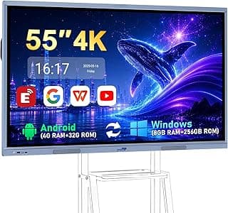 Pizarra Inteligente de 55", Pantalla de Pizarra Interactiva Digital de 8 + 256 GB Sistema Dual Windows10 y Android 11 Integrado con Pantalla Táctil 4K, Pizarra Electrónica para Aula Oficina Hogar (Solo Pizarra)