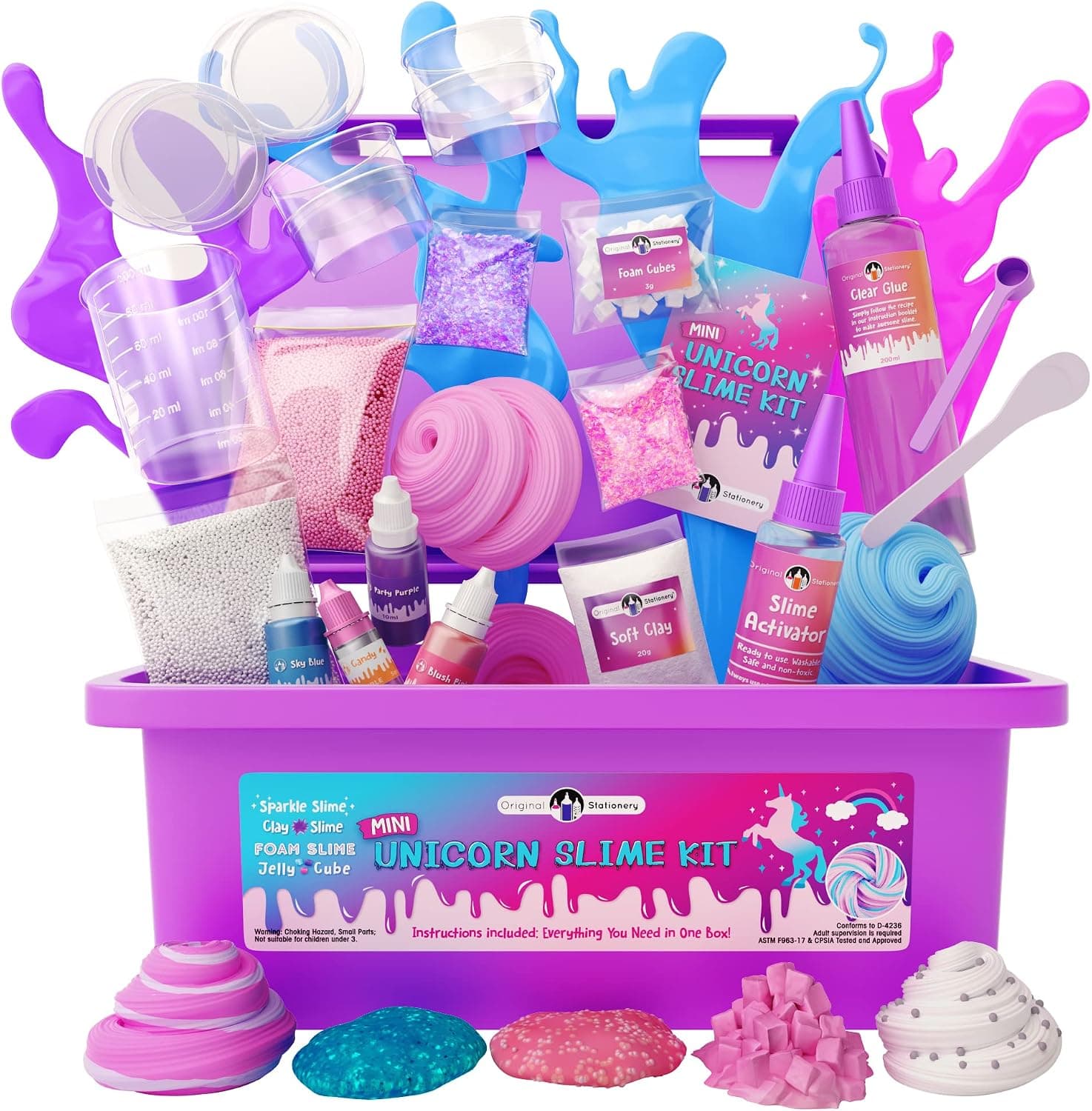 Original Papelería Mini Unicorn Slime Kit - Multicolor, Talla única, Edades 7-12 - Kit DIY Unicorn Slime para niñas y niños con arcilla, bolas de espuma y purpurina - Manualidades y juguetes para niños, regalos mágicos