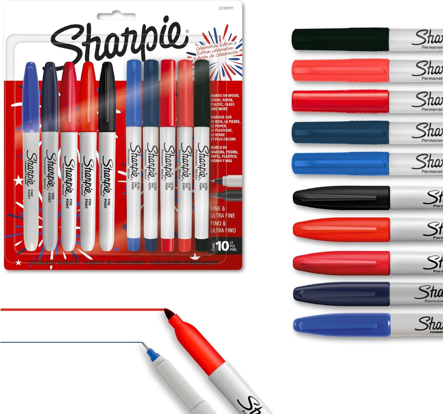 Marcadores permanentes Sharpie®, puntas finas y ultrafinas, surtidos, 10 unidades, edición del 250 aniversario de EE. UU.