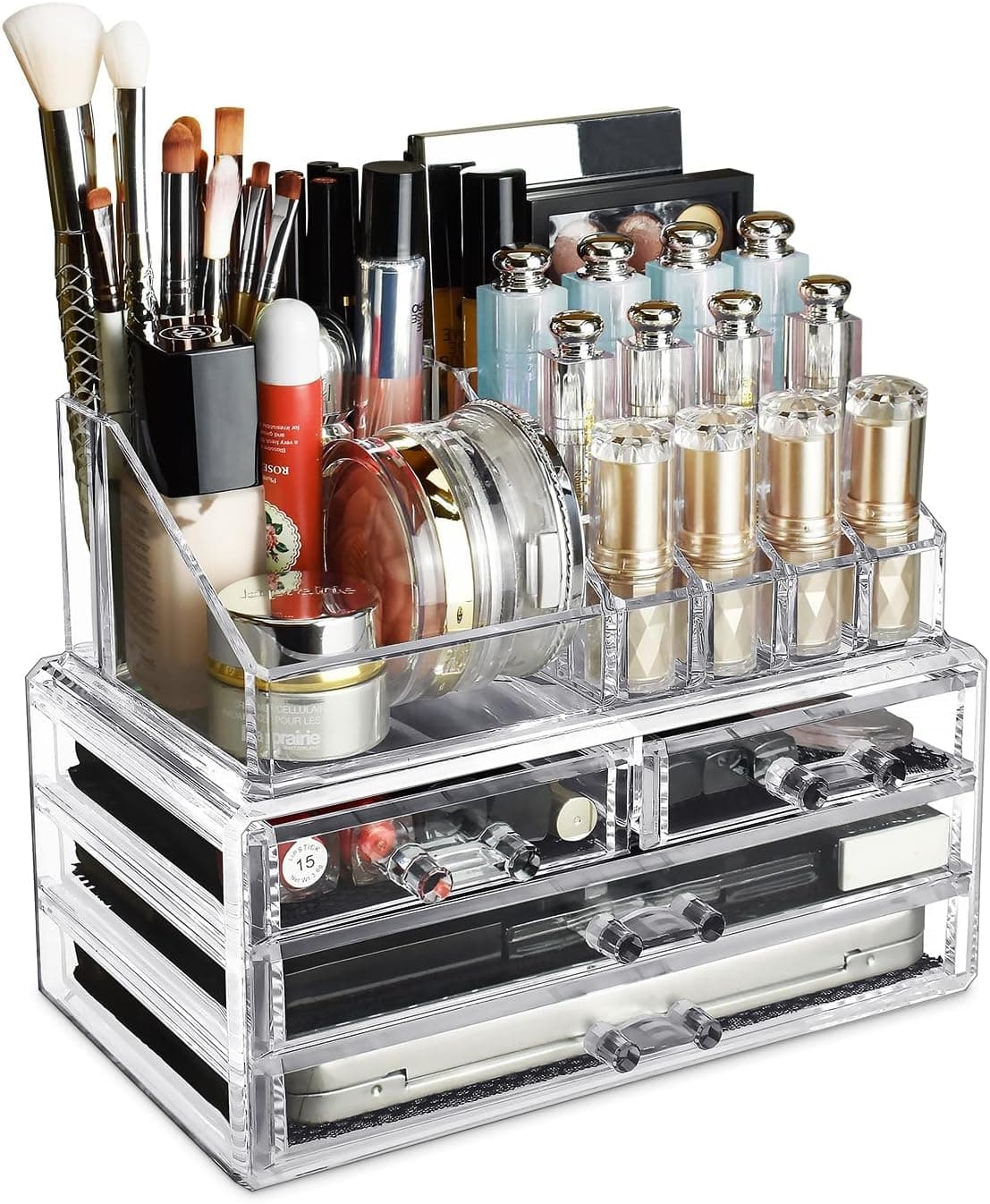 Ikee Design Acrílico Transparente Maquillaje Cosméticos Brillo de Labios Organizador de 4 Cajones | 4 cajones con soportes para pintalabios superiores extraíbles para el cuidado de la piel, brillo de labios para tocador o encimera de baño, transparente