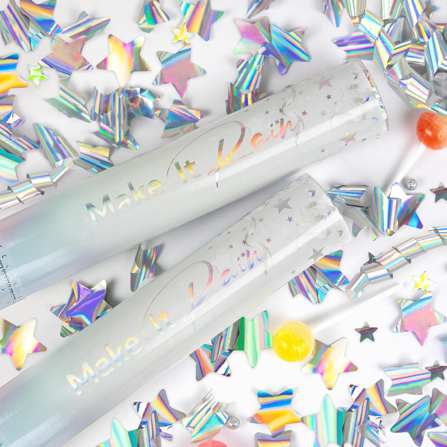 PrimePure Confetti Cannon Party Poppers, estrellas plateadas holográficas, paquete de 2 | Poppers de confeti de lámina metálica Star Mylar, cañón de fiesta ideal para cumpleaños y celebraciones, fácil de limpiar, fácil de girar