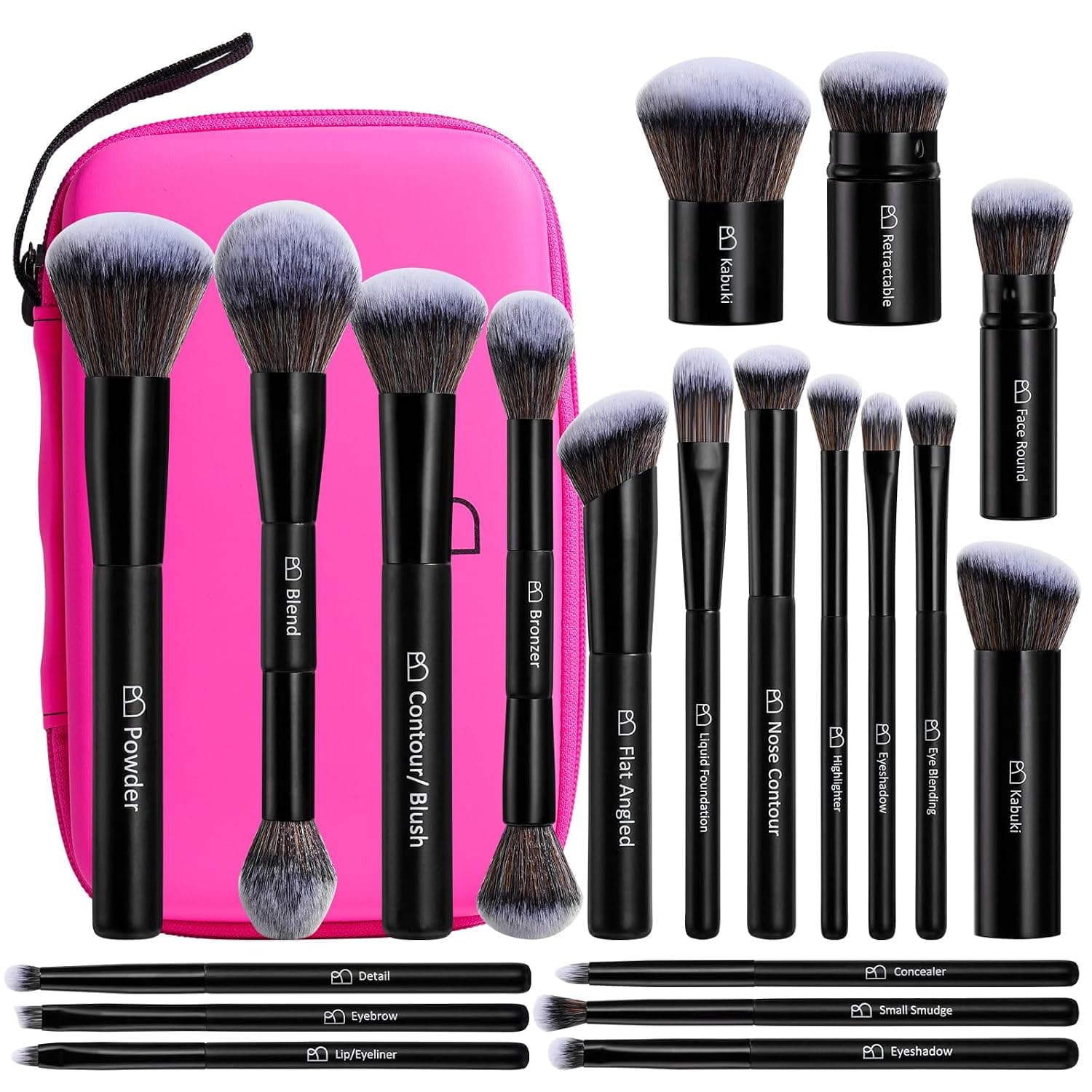 Brochas de maquillaje profesionales BS-MALL con estuche de viaje - Brocha Kabuki para sombra de ojos, brocha correctora, brocha para colorete y brocha de cimentación 20 unidades, etiqueta de uso diario y caja de regalo para ocasiones versátiles