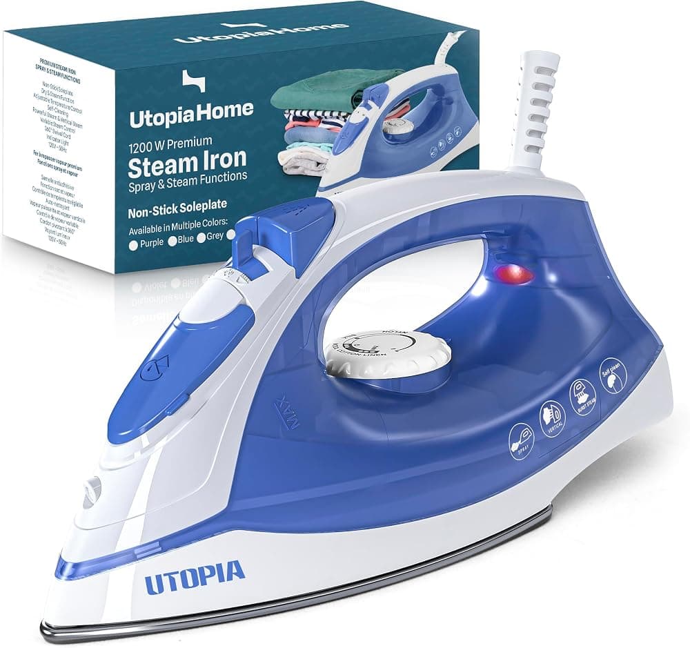 Utopia Home Plancha de Vapor para Ropa - Suela Antiadherente - Plancha 1200W – Azul | Plancha textil Cable de 7,5 pies de largo Control de termostato ajustable, protección de seguridad contra sobrecalentamiento y control de vapor variable
