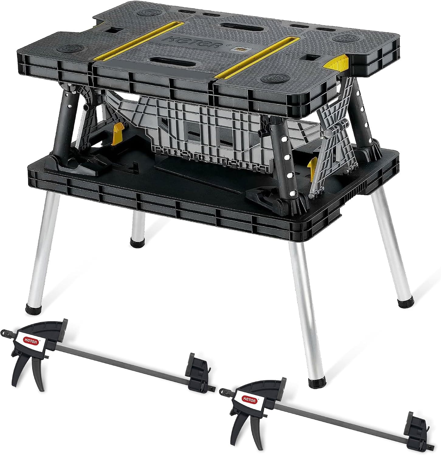 Keter Mesa portátil plegable para herramientas, banco de trabajo con 2 abrazaderas de madera de 12 pulgadas para sierras ingletadoras, mejoras para el hogar y construcción, negro y amarillo (paquete de 2)
