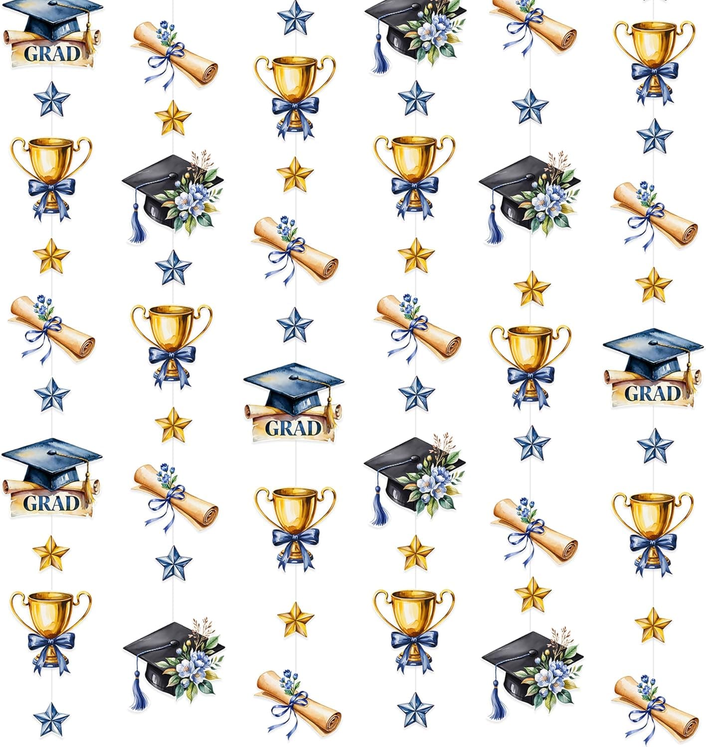 Serpentina colgante para fiesta de graduación de oro azul, guirnalda floral con forma de estrella dorada y azul marino para felicitaciones, graduación, lo hiciste, clase de 2026 Estamos muy orgullosos de ti, suministros de decoración para fiestas de graduación temáticas