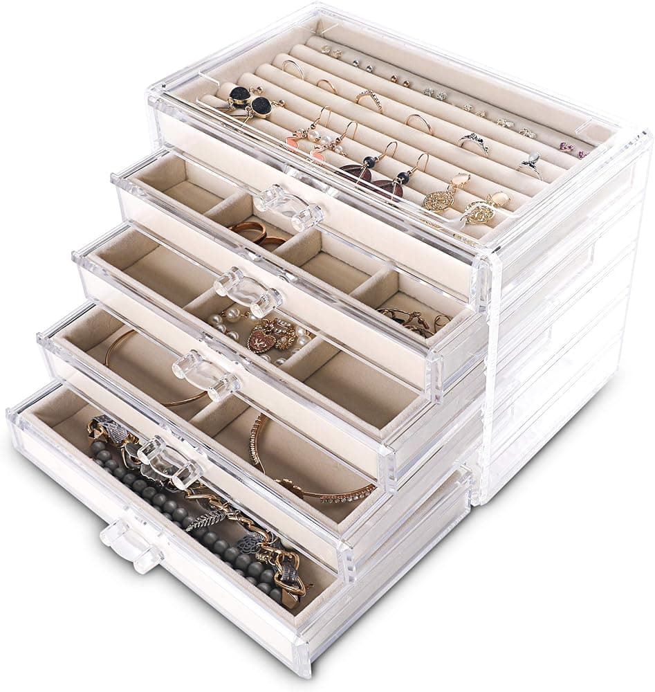 Frebeauty Joyero de acrílico, Organizador de joyas de 5 capas con cajones | Almacenamiento de joyas para anillos, pendientes, pulseras, a prueba de polvo, forro de terciopelo, apariencia transparente, soporte para joyas para mujeres