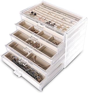 Frebeauty Acrylic Jewelry Box,5-Layer Jewelry Organizer with Drawers | Jewelry Storage for Rings Earrings Bracelets,Dustproof,Velvet Lining,Transparent Appearance,Jewelry Holder for Women