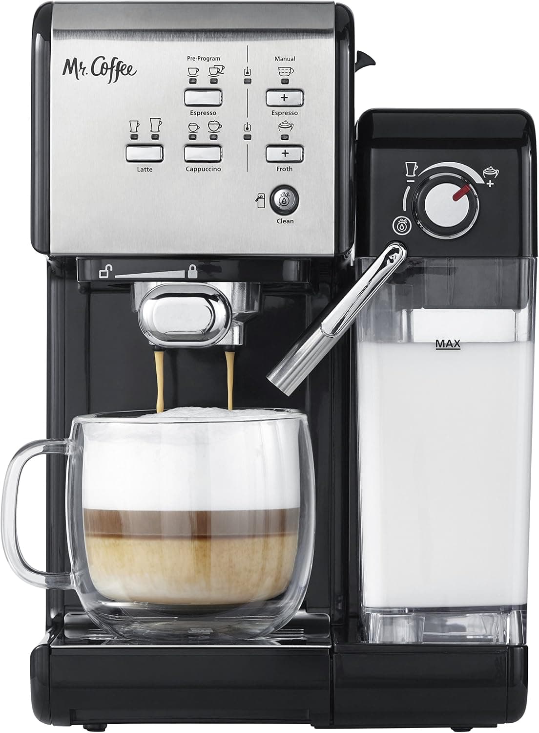 Máquina de café exprés y capuchino programable Mr. Coffee con espumador automático de leche y bomba de 19 barras, acero inoxidable