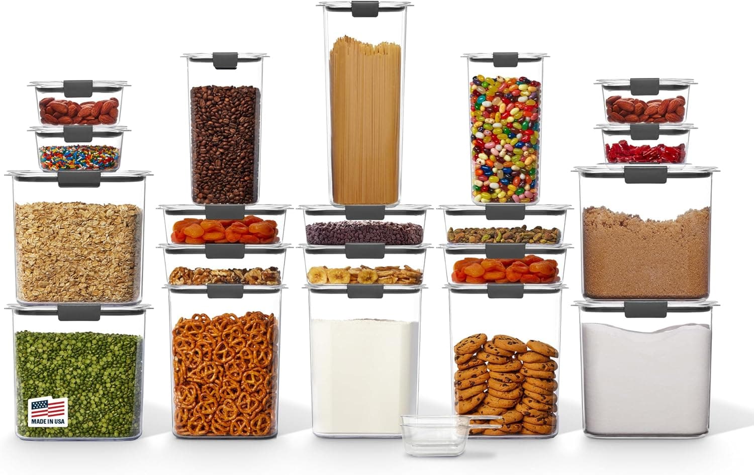 Rubbermaid Brilliance Recipientes herméticos para almacenamiento de alimentos sin BPA, con tapas, juego de 20 con cucharas, perfectos para organizar la cocina y la despensa