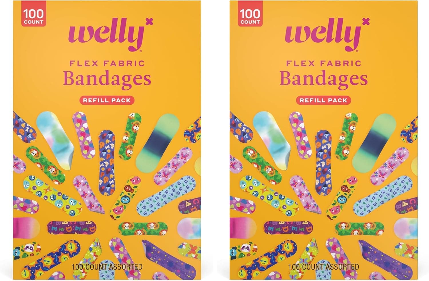 Paquete económico de insignias de valentía de Welly | Vendas adhesivas de tela flexible | Surtido de formas y patrones para cortes, raspaduras y heridas menores, 100 unidades (paquete de 2)