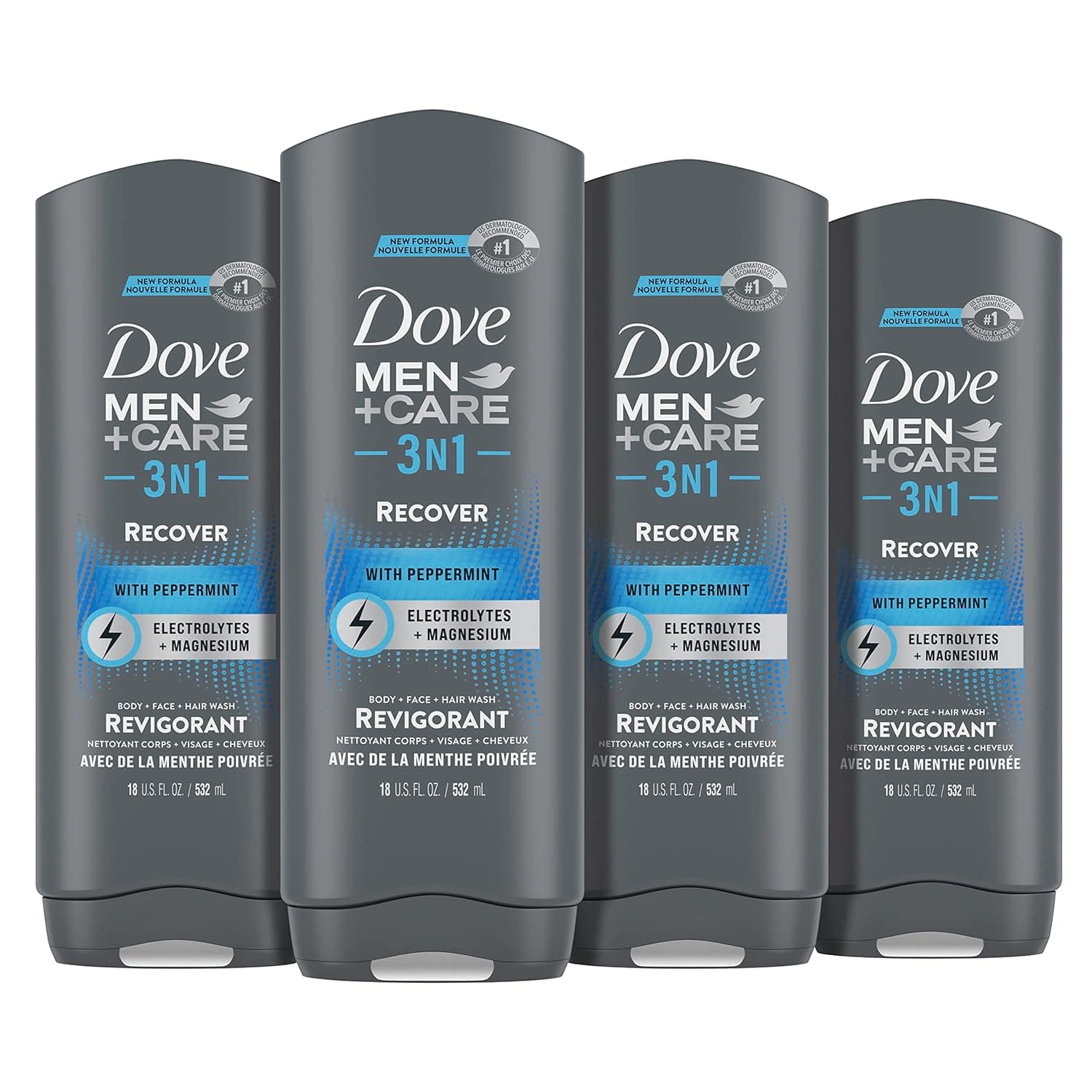 Dove Men+Care Post-Entrenamiento 3 en 1 (cuerpo + rostro + lavado de cabello) con menta 4 unidades infundidas con electrolitos + magnesio 18 oz | Cuerpo + Rostro + Lavado de Cabello con Electrolitos + Magnesio
