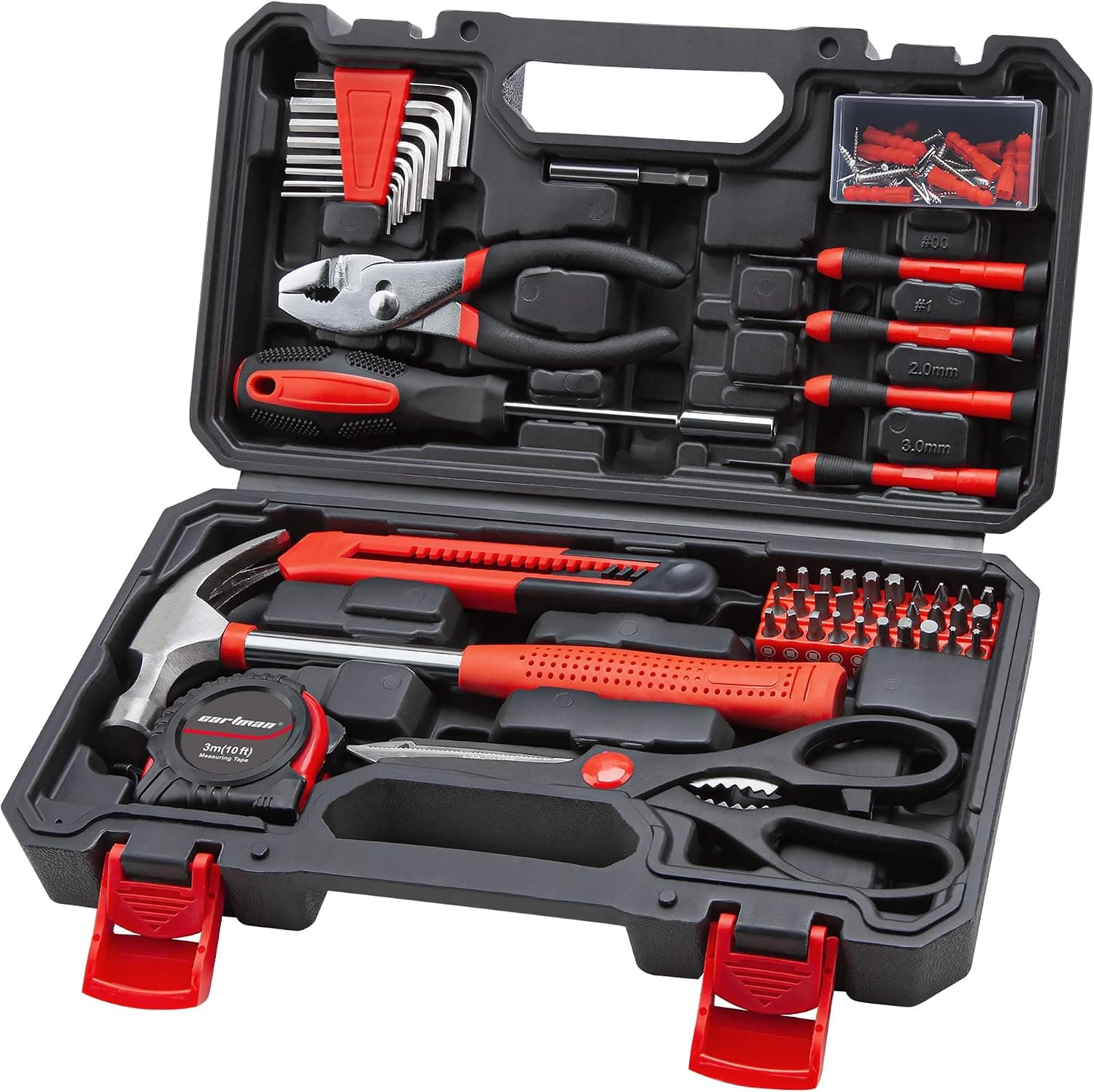 CARTMAN Juego completo de herramientas para el hogar, kit de mano rojo con estuche de almacenamiento | Surtido de herramientas versátil para reparaciones del hogar, proyectos de bricolaje, instalación de muebles, manualidades y arreglos domésticos diarios en una caja de herramientas.